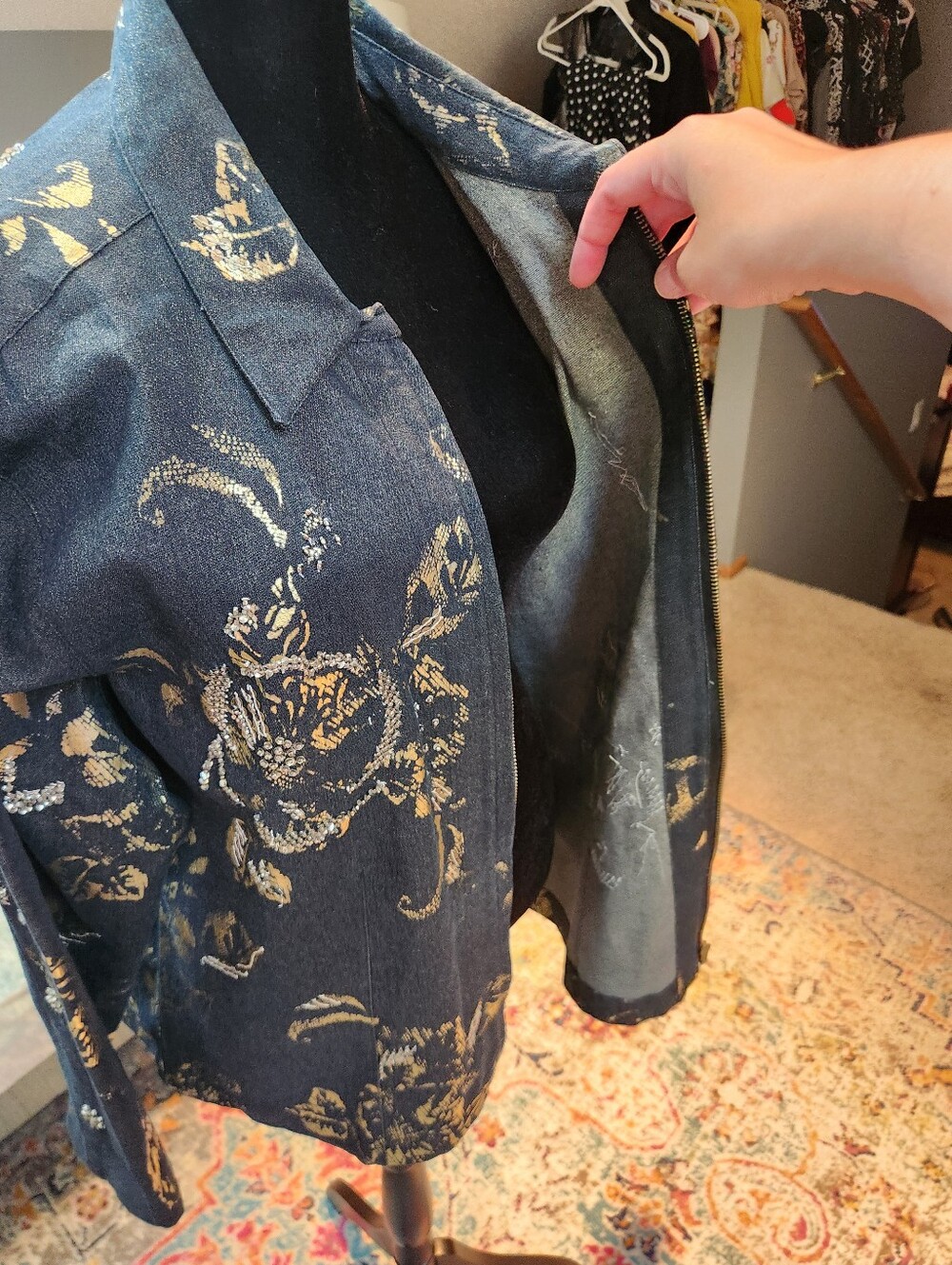 Chico's Navy Denim Jacket with Gold Floral Print XL Like New - Picture 9 of 11